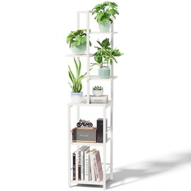 Plant Stand Indoor with Grow Light, 6-Tiered Tall Plant Stand Indoor, Metal Plant Shelf with Bookshelf Bookcase and Adjustable Light, Ideal for Living Room, Reading Room, Garden, Patio (White)