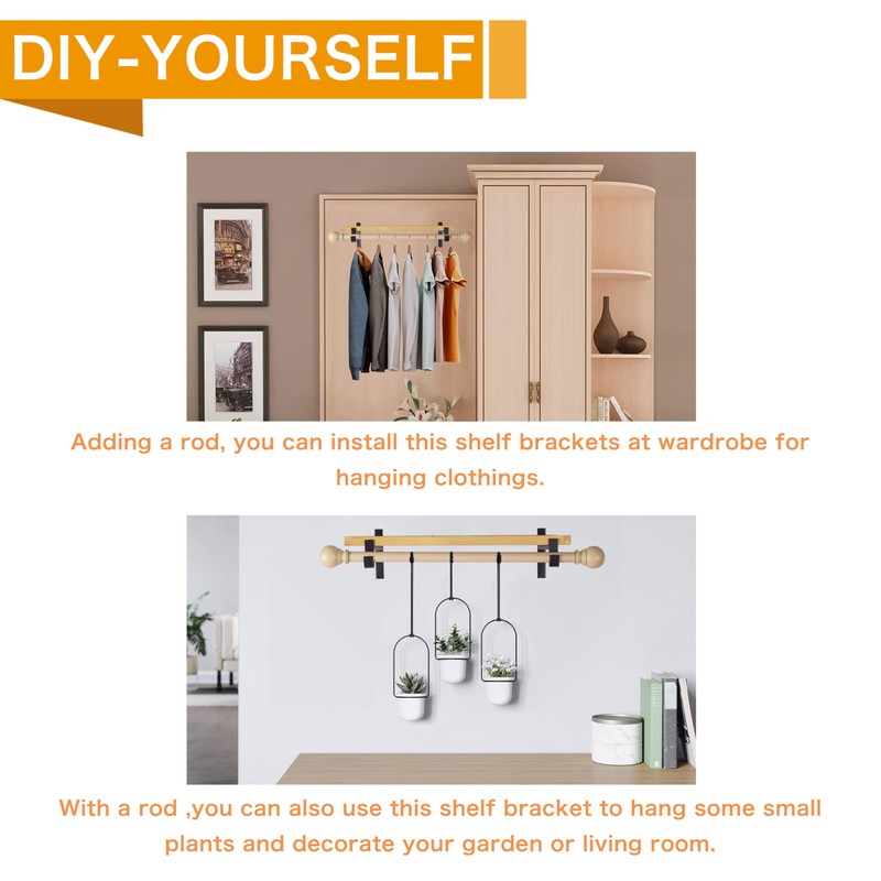 EZYDECOR Closet Rod Bracket Shelf Bracket with Hook Black Closet