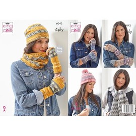 King Cole 4 Ply Knitting Pattern - 6042 Slouch Hat, Snood, Hand Warmers, Hat with Pom Pom, Scarf, Hand Warmers(Short), Hand Warmers (Long)