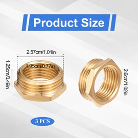 3 pieces reducer 3/4 to 1/2 inch, brass reducer thread fitting 3/4 male thread × 1/2 inch female thread for converting pipe connections