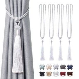 Pretty Jolly Long Tassels Curtain Tiebacks Handmade Braided Rope Knot Draped Tiebacks Elegant Decorative Curtain Holdbacks for Home and Office, Silver, Pack of 4