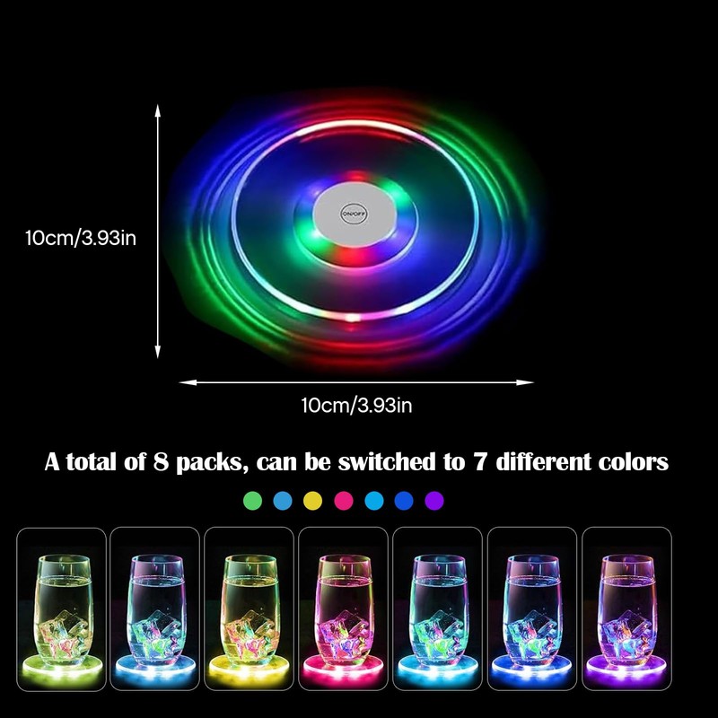 Pack of 8 LED Coasters, Colourful LED Coasters, Luminous with