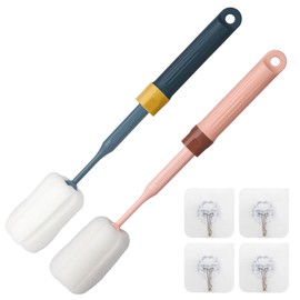 2-Pack Adjustable 12.9" Sponge Bottle Brushes Cleaning Set | High Density Foam Bottle Brush Head Hanging Design with 4 Traceless Hooks Bottle Brush Cl