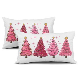 Pink Christmas Tree Lumbar Throw Pillow Covers 12X20 In Set of 2 Xmas Tree Lights Stars Decorative Rectangle Pillow Cases Winter Holiday Pillow Cover Farmhouse Home Decor For Living Room Sofa Couch