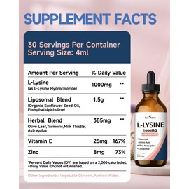 L-Lysine 1000mg Liquid Drops, L-Lysine Supplement for Essential Amino Acid Supplement for Lips & Oral Health & Collagen Formation Support, with Vitamin E & Zinc for Adults Dietary Supplement, 4 Fl oz