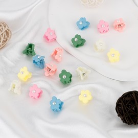 Ondder 18 Pcs Mini Hair Claw Clips Flower Clips for Hair Cute Pearl Bangs Claw Clips for Thin Hair Colorful Flower Girls Hair Clips Decorative Hair Clips Hair Accessories for Women Girls