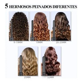 CkeyiN Rizadora de Cabello Rizador de Pelo Ferros Profesionales 5 en 1 Intercambiable Cerámica Temperatura Ajustable con Guantes Color Negro          