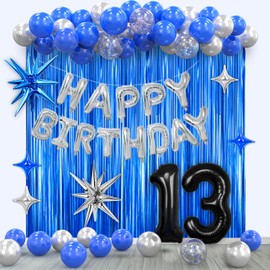 13th Birthday Party Decorations for Boys, Navy Blue Silver Black Happy 13 Birthday Decorations Set with Birthday Backdrop Banner 13 Number Balloons for Him 13 years old.