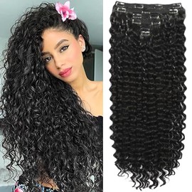 26 Inches Deep Wave Clip In Hair Extensions Full Head 6 Separate Pieces Heat Resistance Black Synthetic Deep Curly Clip in Hair Pieces 174g (1B#, DEEP 26 inch)