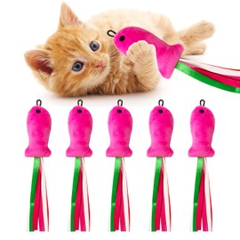 ZeyZoo Cat Toys Catnip, 5PCS Floppy Fish Cat Toy Filled Soft Plush, Pink Flopping Fish Chew Kitten Toys, Catnip Wand Toy Attachment with Ribbons, Interactive Cat Toys for Indoor Cats Kitten Play Chew