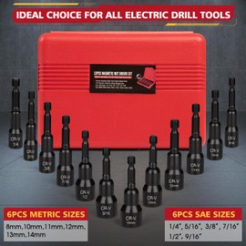 12-Piece Magnetic Nut Driver Set, Premium CR-V Steel Impact Power Hex Nut Driver Drill Bit Master Kit with Case, SAE(1/4"-9/16") & Metric(8mm-14mm) Size, 1/4” Quick Install & Release