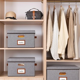 OUTBROS Storage Boxes with Lids, Storage Baskets for Shelves, Foldable Cube Organiser Box Baskets, Collapsible Home Office Fabric Bins, 38 x 25 x 25 cm, Grey, 1-Pack