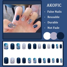 AKOFIC Pack of 24 Press on Nails Short, French Square Artificial Nails, Glue-On Nails with Jelly Nail Glue, Ballerina Acrylic Fake Nails for Women and Girls (Blue Glossy)