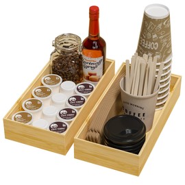 Greatseas Kitchen Drawer Organizer Bins, Stackable Bamboo Drawer Organizer for Silverware, Flatware, Coffee Pod Organizer K Cup Holder for Countertop, 2 Pcs Coffee Station Organizer 12" x 6" x 2.5"