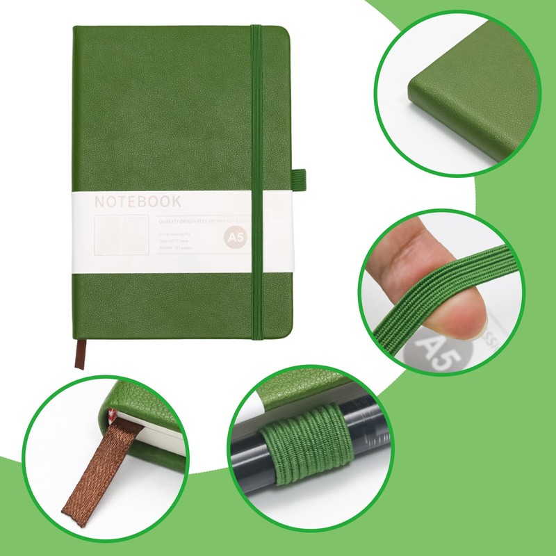 Green Lined Journal Notebook, Leather Hardcover Notebook, A5 College Ruled