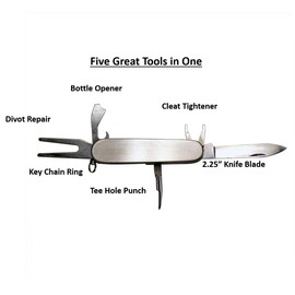 Stainless Steel Multitool Foldable Golf Divot Tool Repair and Ball Marker, Tee Hole Punch, Beer Bottle Opener, 2.25" Knife Blade Golf Tool Gifts for Men