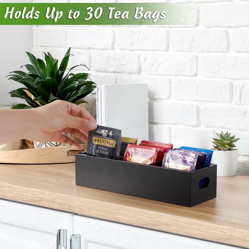 DRASTAR Tea Bag Organizer, Black Wooden Tea Bag Holder, Tea
