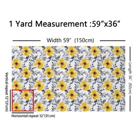 Castle Fairy Yellow Flowers Soft Polyester No Stretch Fabric,100% Polyester,Vintage Geometric Floral Pattern,1 Yard (Length 36" Width 59")