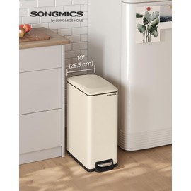 SONGMICS Slim Trash Can, 13-Gallon (50 L) Garbage Can for Narrow Spaces with Soft-Close Lid, Inner Bucket, and Step-on Pedal, Stainless Steel, 15 Trash Bags Included, Sand Beige ULTB510A01