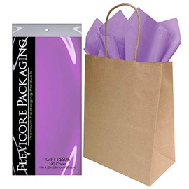 Flexicore Packaging Brown Kraft Paper Gift Bags & Lavender Purple Gift Wrap Tissue Paper Size: 8 Inch X 4.75 Inch X 10.5 Inch | Count: 50 Bags | Color: Lavender Purple