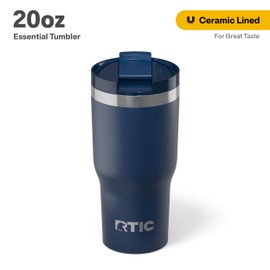 RTIC 20oz Essential Tumbler with Lid, Insulated, Stainless Steel, Metal, Double Wall Vacuum-Insulation, Ceramic Lined, Travel Cup for Iced Coffee, Tea, Hot and Cold Drink, Navy