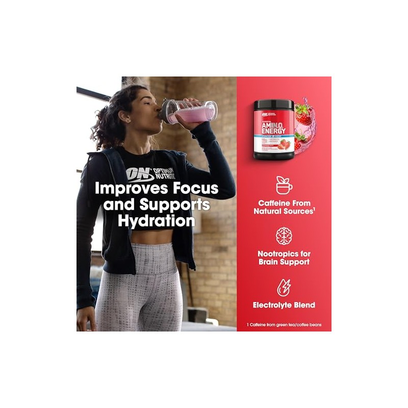 Optimum Nutrition Amino Energy Powder Plus Focus, with BCAA, Electrolytes,