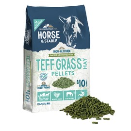 Blue Mountain High Altitude Horse Hay Pellets | Ultra Premium Alfalfa, Timothy, Orchard, Teff Hay | Nutrient Dense | Cattle, Sheep, Alpaca, Rabbits (40 LB, Teff Grass)