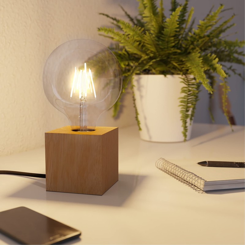 ledscom.de Hito Table Lamp, Switch, Real Wood (Rubber Tree), Square,