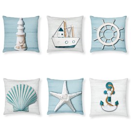 Tatuo 6 Pieces Ocean Beach Pillow Covers 18 x 18 Inch Nautical Summer Sea Theme Cushion Covers Starfish Lighthouse Sailboat Anchor Sea Shell Coastal Throw Pillow Cases for Home Bed Decoration