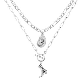 Cowgirl Necklace for Women, Western Cowboy Boots Pendant Necklace Double Layered Collarbone Chain Necklaces Cowgirl Accessories for Women Trendy Personality Punk Unique Niche Design Accessories Silver