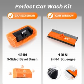 ARTIPOLY 12" Car Wash Brush with Soft Bristle + 10" 2 in 1 Windshield Cleaner Squeegee, Ideal Combination for RV Truck Boat Camper Heavy Duty Tri-Level Dip Wash Brush Car Exterior Washing