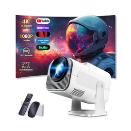 [Built-in Apps] Mini Projector with WiFi 6 and Bluetooth5.2, Smart Projector Video1080P Support 4K Auto Keystone, Portable Projector 180° Rotatable, for PC/Laptop/USB White
