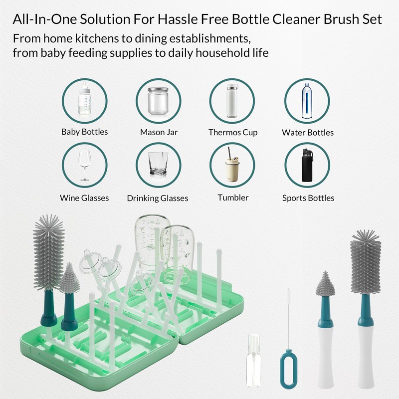WHNL Portable Baby Bottle Brush Set with Multiple Brushes,Soap Dispenser,