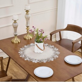 Winotic Natural Neutral Earth Tones Beige Floral Lace Round 23” placemats Doily Table Topper Dresser Scarf Place Mats (Set of 1, 23” Round)