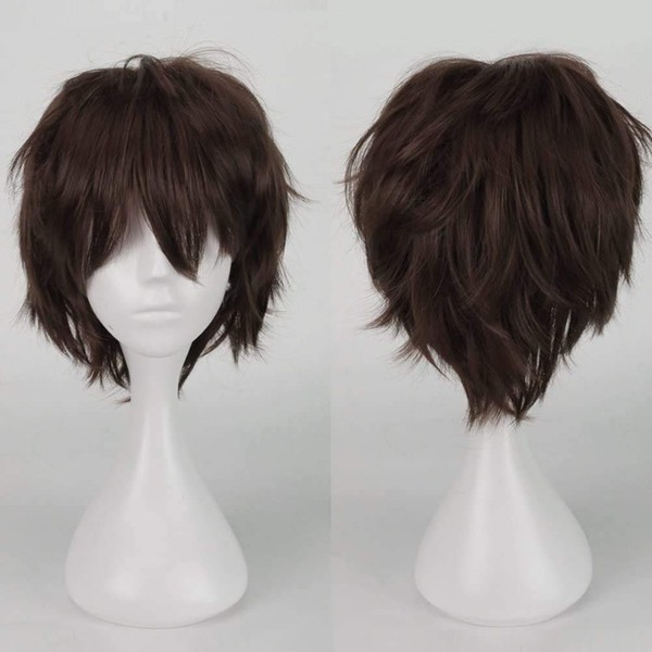 Unisex Short Cosplay Full Wigs Natural Layer Straight Hair Anime Costume Party Wig Fancy Dress for Women Men Boy Girls (Dark Brown)