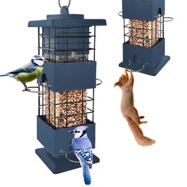 Squirrel Proof Bird Feeder,3lb Bird Feeders for Outdoors Hanging, Metal Birds Feeder with 4 Feeding Ports, Wild Birds Feeder for Cardinal, Finch, Sparrow (Blue)