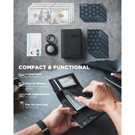 VULKIT - Airtag Cartera para Hombre RFID Bloqueo Tarjetero para Caballero,regalos billeteras de hombres con llavero dia del padre porta minimalista Wallet (negro)