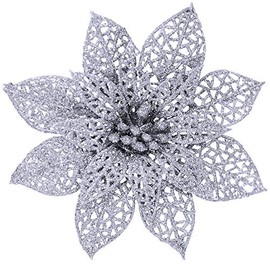 Supla 24 Pcs Christmas Silver Glitter Poinsettia Flowers Picks Christmas Tree Ornaments 5.9" Wide for Silver Christmas Tree Wreaths Garland Holiday Seasonal Wedding Decorations White Gift Box Included