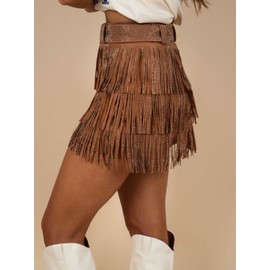 ChiyeeKiss Womens Sparkle Rhinestone Fringe Skirt Elastic Waistband Short Mini Dress with Adjustable and Removable Belt(0002-Brown-XL)