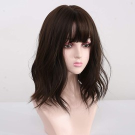 12"Dark Brown Natural Wave Short Bob Wig Shoulder Synthetic Cosplay Party Wigs for Women