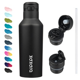BJPKPK Insulated Water Bottle With Straw 17oz Stainless Steel Water Bottles With 2 Lids And Carry Handle Reusable Travel Metal Thermal Flask,Black