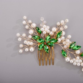 Chargances Bride Wedding Crystal Pearl Hair Comb Green Rhinestone Flower Hair Vine Comb Fashion Handmade Headpiece Bridal Hair Accessories for Wedding Prom Flower Girl (Green)