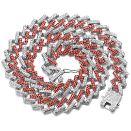 Halukakah Diamond Cuban Link Gold Chain for Men Iced Out,13MM FUJI Platinum White Gold Finish Choker Necklace 20",Multicolor Red White Diamonds Prong Set,Gift for Him