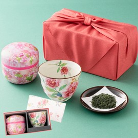 Kawamotoya Chapo Mino Ware Tea Cup with Binchotan Charcoal, Shizuoka Tea, Premium Japanese Tea Tin, Flower Blossom Gift Set, Birthday Gift, Gift Box, Cloth Wrapped