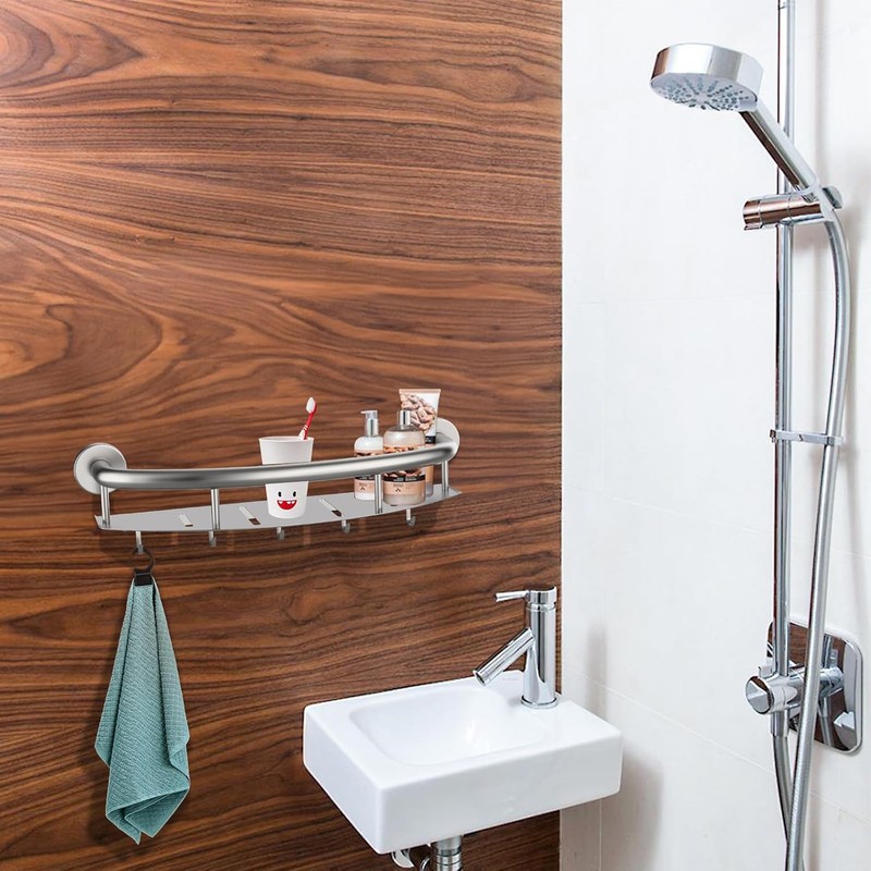 Brushed Nickel 18-inch Safety Grab Bar with Storage Shelf for