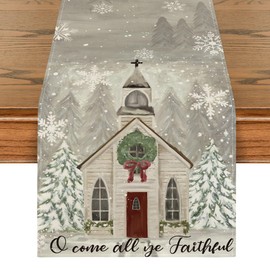 Artoid Mode Church Xmas Trees Snowflakes Merry Christmas Table Runner, Bow Tie Kitchen Dining Table Decoration for Outdoor Home Party 13x36 Inch