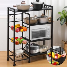 Blulu Metal Storage Shelves 4 Tier Large Kitchen Storage Shelves with 3 Pull Out Wire Basket and Hooks Kitchen Organizer and Storage Metal Shelf Rack with Wheel for Kitchen Garage Pantry