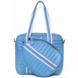 Genuine Leather Pickleball Bag Detachable Two Paddle Pocket Treated Water Resistant Premium Leather Adjustable Shoulder Strap Bottle Ball Compartment (Azure Blue)