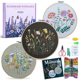 ETSPIL 3 Pack Beginner Embroidery Kits for Adults, DIY Starter Set with Stamped Flower Designs, Embroidery Hoop, Colorful Threads, Tools, Step-by-Step Instructions & Video Tutorial
