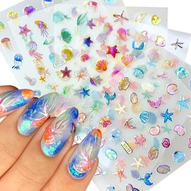 12 Sheets 3D Sea Animals Nail Stickers Summer Nail Stickers Nail Foil Laser Shell Starfish Jellyfish Mermaid Nail Stickers Nails Beach Nail Stickers Summer Nail Art Stickers Nail Design Accessories